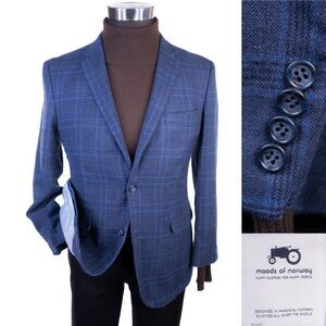 Moods Of Norway Wool Sport Coat Mens Size 40XS Blue Plaid Blazer Two Button SLIM